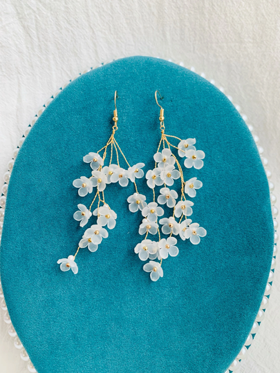 Matte Semitransparent Little White Plum Flowers Branches Dangled Earrings | Adjustable, Handmade Earrings, Statement