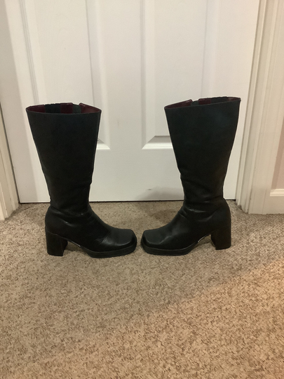 Vintage 90S Tommy Hilfiger Black Platform Y2K Tall Square Toe Chunky Heel Boots Sz 7-7.5