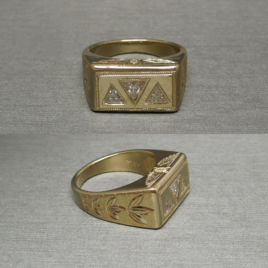 Vintage Estate 14K Gold Egyptian Lotus Flower & Scarab 0.35Tcw Three Trillion Cut Diamond Ring/Men's Sz 8.25