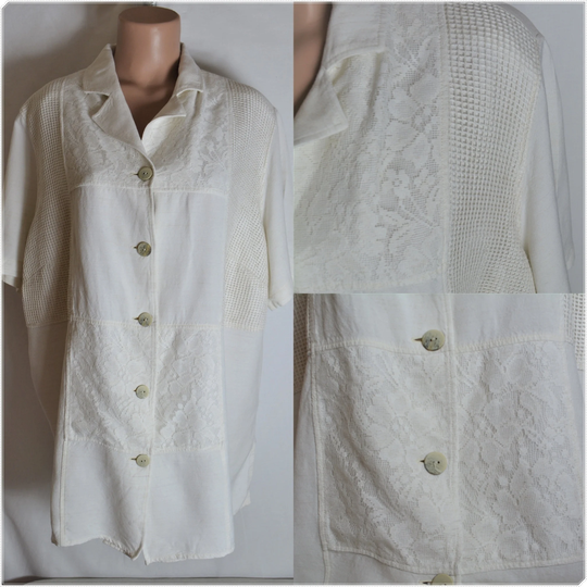 Vintage Women Ecru Linen Blend Shirt Size Xxl/54 Cream Short Sleeve Viscose Eyelet Lace Details Patchwork Button Blouse