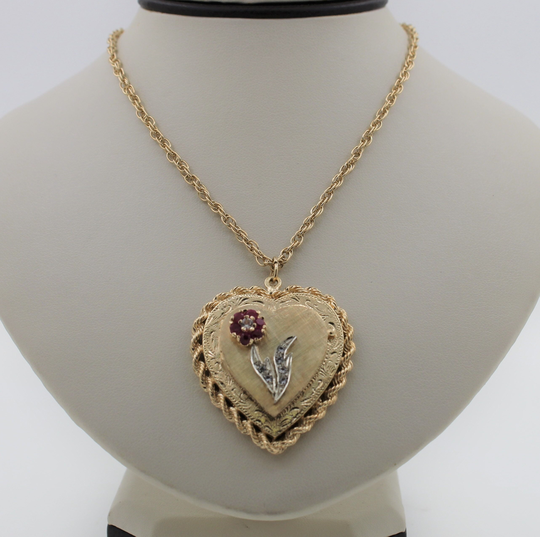 Vintage 1930S Handmade 14K Solid Yellow Gold Necklace With Diamonds & Rubies Pendant. Floral Locket Pendant