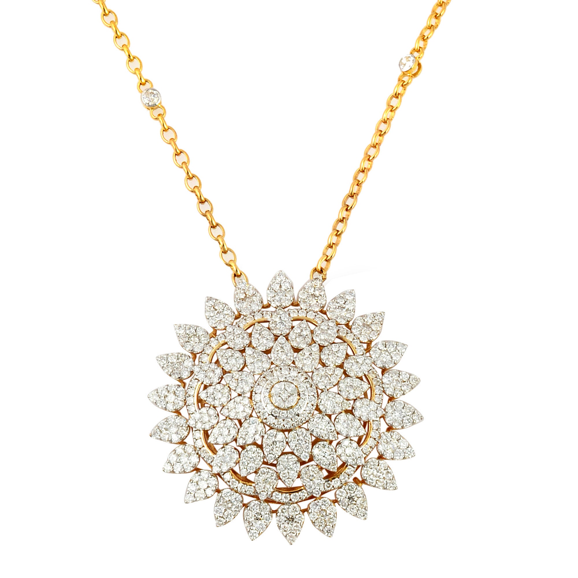 11.20 Ct. Hi Color Si Clarity Round Diamond Pave Flower Pendant/Solid 14K Yellow Gold Necklace Handmade Chain Mother's Day Gift