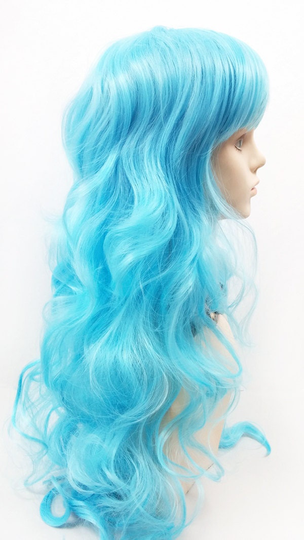 Long 25 Inch Wavy Light Blue Color Wig With Bangs. Sky Anime Cosplay Costume Wig. [80-417-Serena-Sblue]