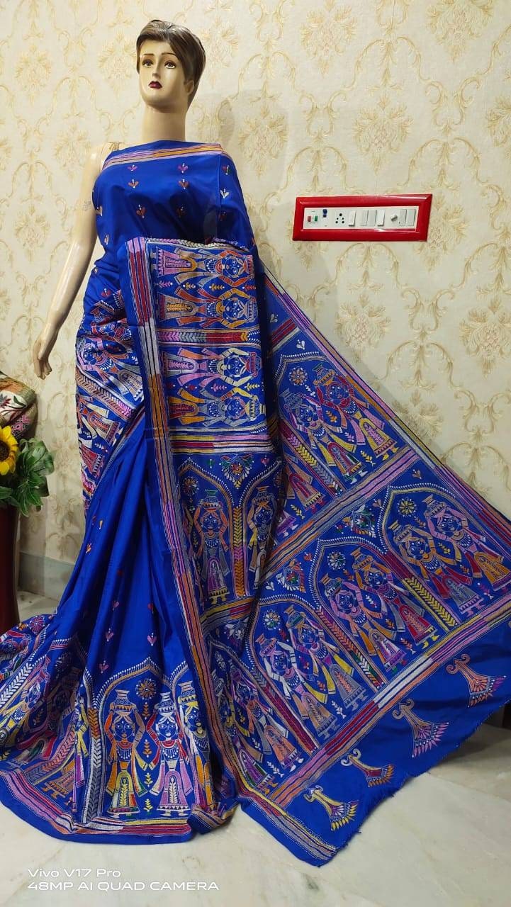 Hand Kantha Stich Saree | Blended Bangalore Silk Saree Running Blouse Piece