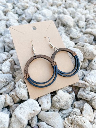 Black & Brown Wood Hoop Dangle Geometric Earrings | Hip Trendy Boho Design Light Elegant Eclectic Jewelry Great Gift Idea