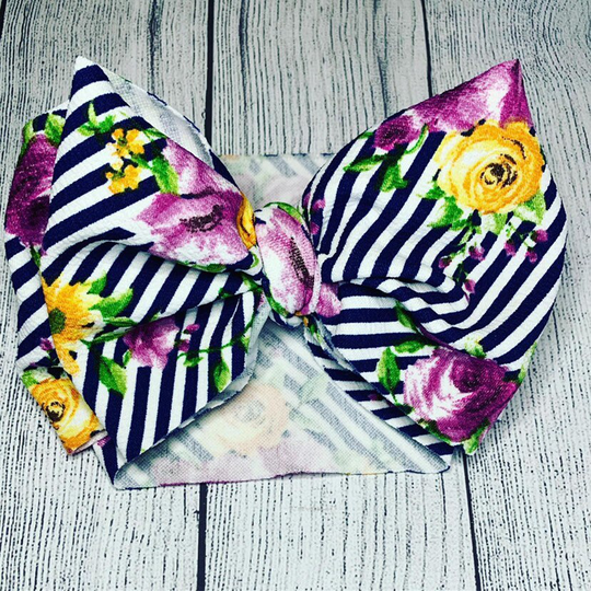 Navy Blue Stripes & Floral, Baby Girl Bow, Headwrap, Clip Nylon Toddler Newborn Bow