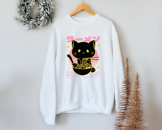 Retro Ramen Cat Sweatshirt, Anime Black Sweater, Lovers Gift, Ramen Cute Sweatshirt, Gift For Lover, Sweat