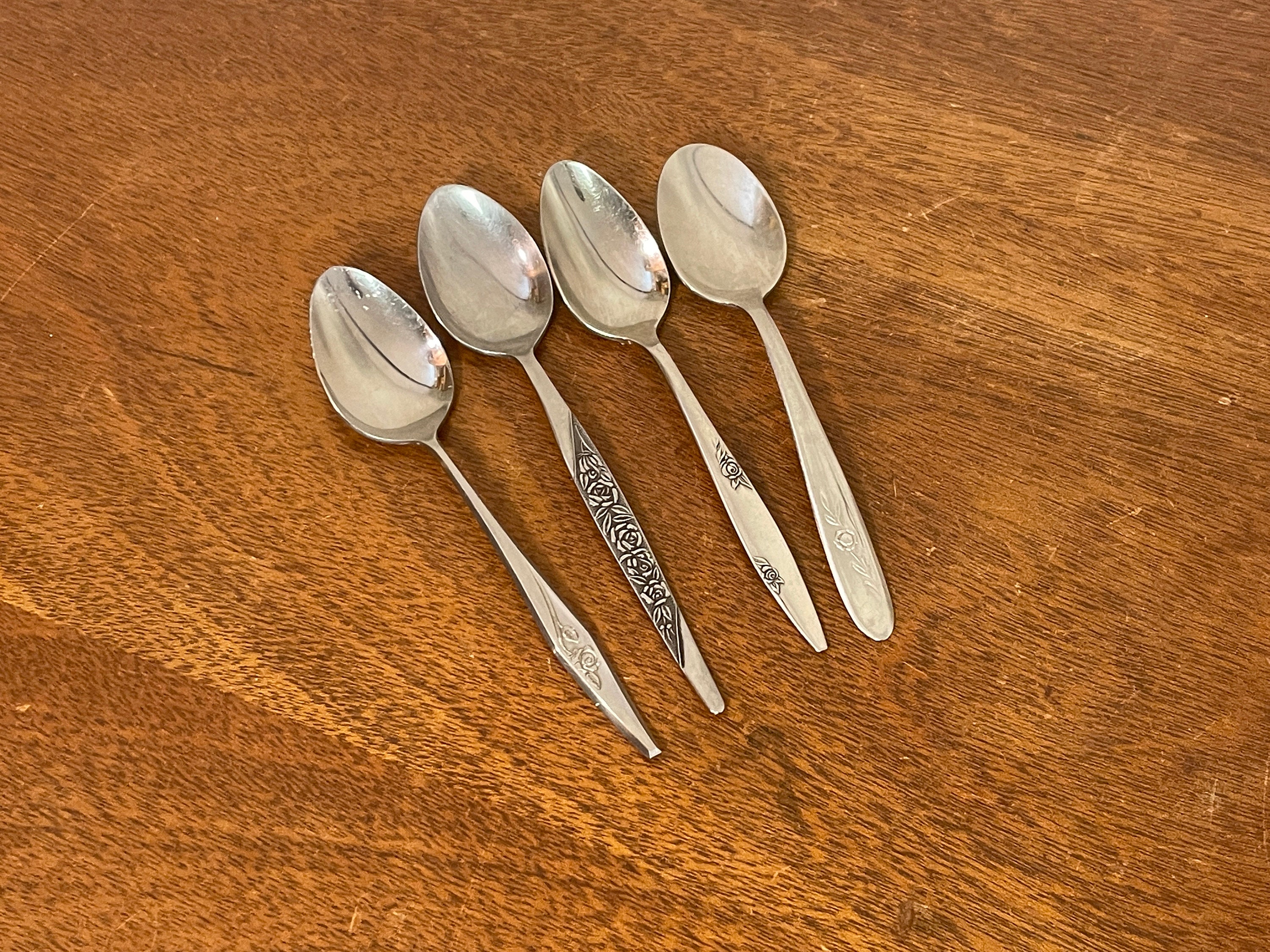 Four+ Mismatched Rose Stainless Steel Teaspoons - Midcentury Floral Flower Stem Flatware Silverware Dessert Small Set 4 Eight 8 Twelve 12
