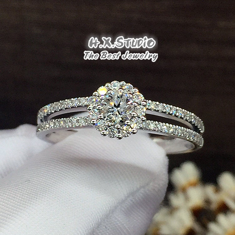 Diamond Double Band Engagement Ring in Solid 18K Gold/Diamond Halo Wedding Ring/Custom Fine Jewelry/Personalization Design/Gift For Her
