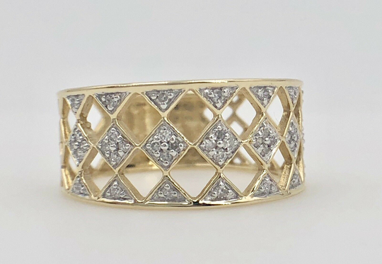 14K Yellow Gold & Diamond Ring W/Checkerboard Design, Size 7, New