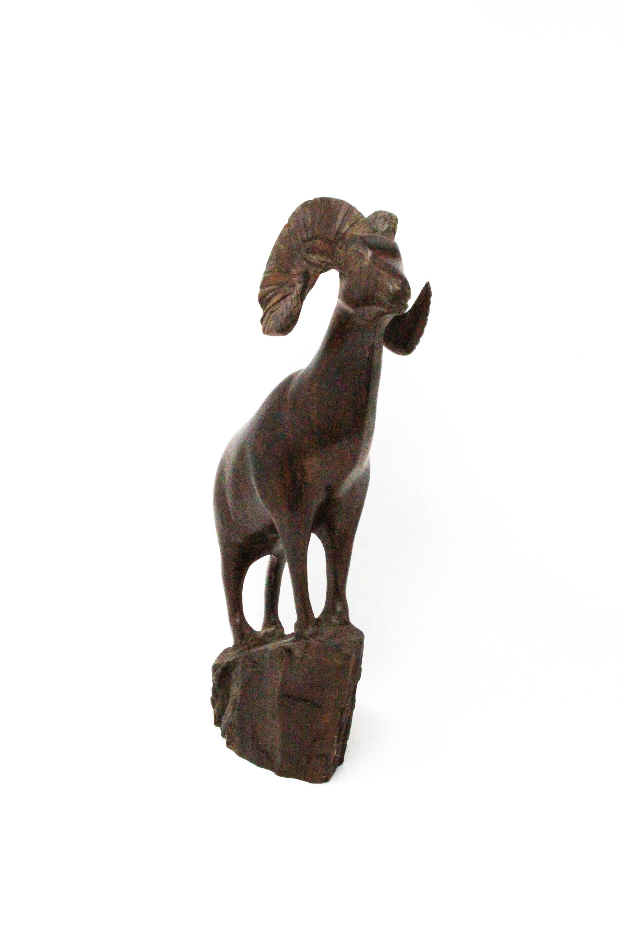 Wooden Ram Statue. Vintage Hand Carved Wood Sculpture. Rustic Cottage/Cabin Wildlife Decor