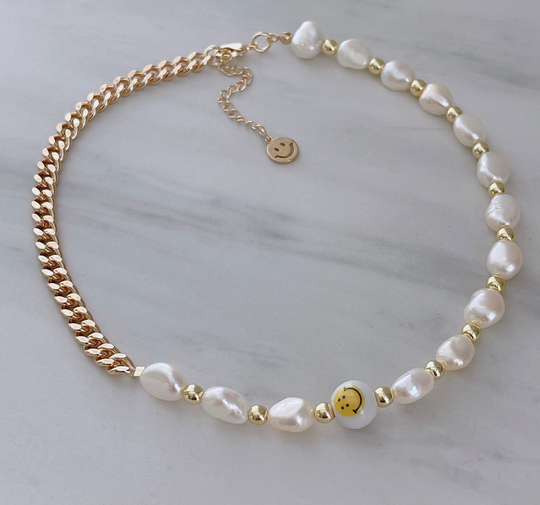 Happy Face Necklace, Pearl Necklace, 18K Gold Filled Smiley Gift For Best Friend, Her