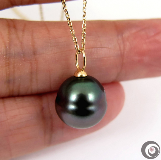 Large 12.4 X 12.7mm Natural Peacock Gray Genuine Tahitian Pearl Charm Pendant, 18K Solid Yellow Gold #p5748
