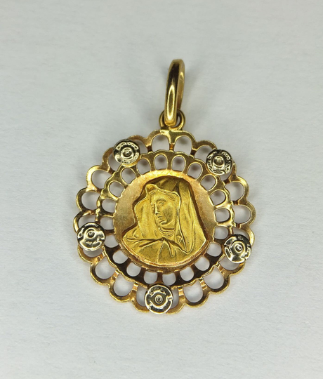 18K Gold Virgin Mother Mary, Madonna Pendant