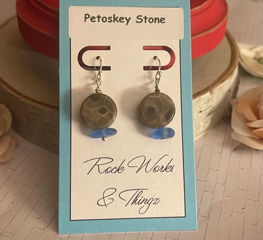Round Michigan Petoskey Stone Dangle Earrings With Beach Glass Accents