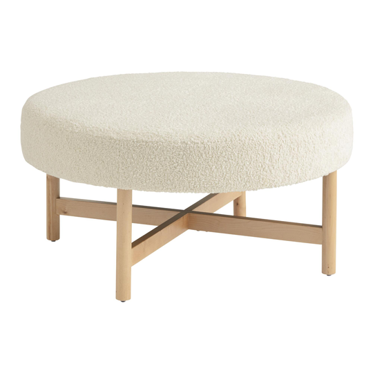 Round Ivory Faux Sherpa Pippa Upholstered Ottoman: White - Polyester by World Market