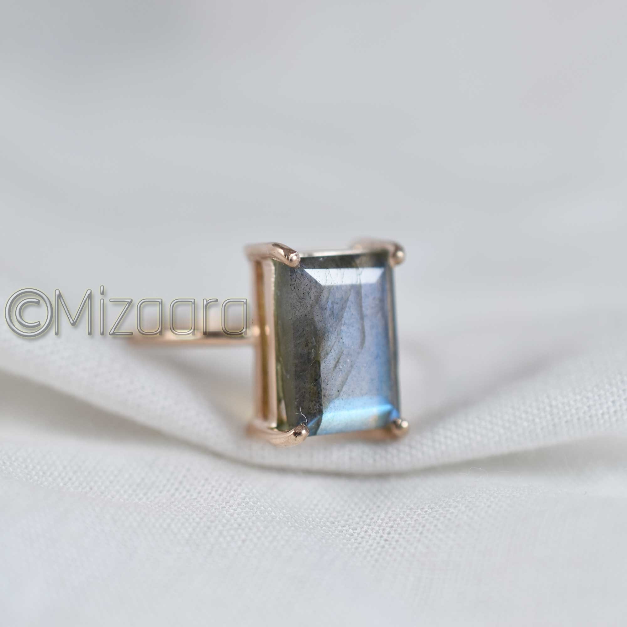 Labradorite Ring Emerald Cut Blue Fire Birthstone Gift Rose Gold Anniversary Cocktail Dainty Women For Her