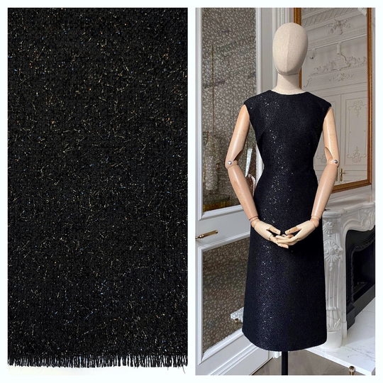 Boucle Wool Blend Fabric, Black Fringed Woven Tweed, Soft Textured Coating Material With Lurex, For Suit, Jacket, By 2.0 Meter