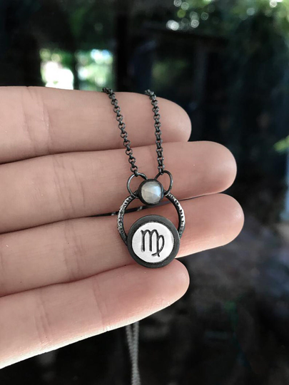 Virgo Pendant With White Moonstone - Dainty Handmade Sterling Silver Zodiac Symbol Necklace Custom Sun Sign Astrology Jewelry The Virgin