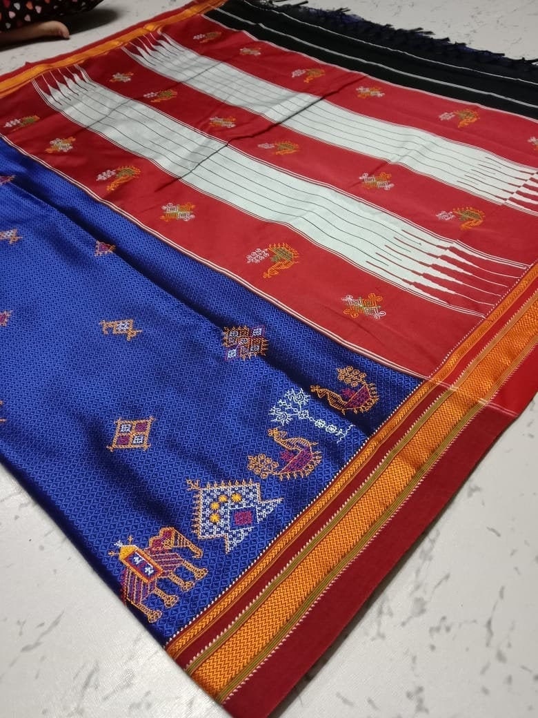 Khun Resham Blended Saree With Kashida Work & Running Blouse Piece - Ethnics Land
