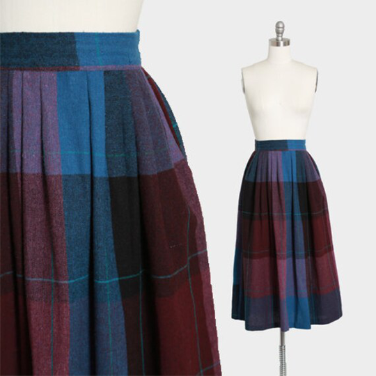 Vintage 70S Blue + Purple Plaid Wool Blend Skirt