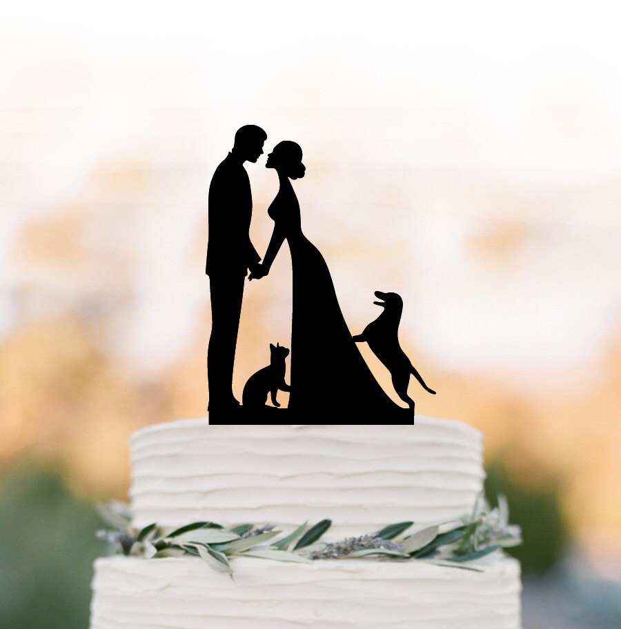 Wedding Cake Topper With Cat & Dog. Topper Bride Groom Silhouette, Funny Wedding Cake Topper, Family