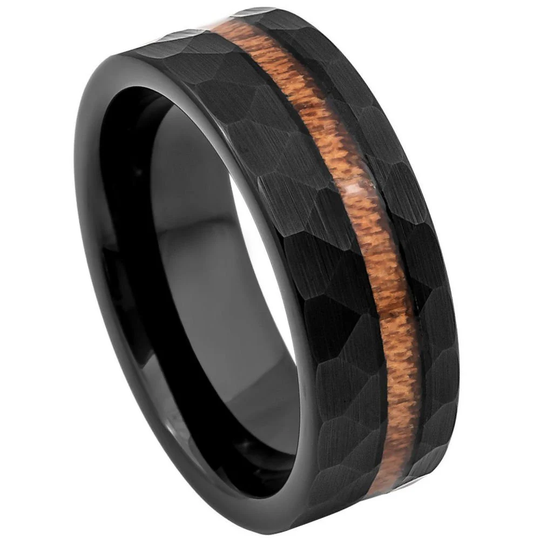 Inferal Black Hammered Band With Wood Inlay Wedding Tungsten Ring Men's, 6mm & 8mm Ring, Men's Engraved Ring