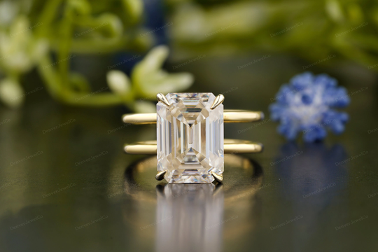 Classic Emerald Cut Moissanite Engagement Ring, Unique Design Double Band 14K Solid Yellow Gold Ring, Solitaire Diamond Wedding