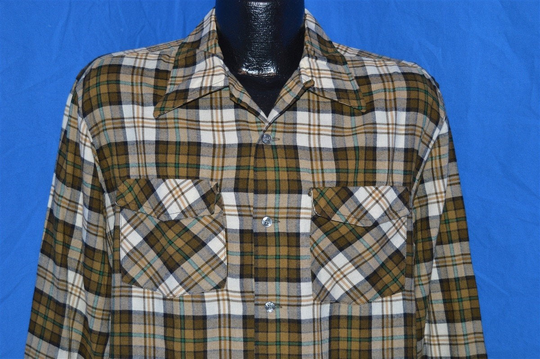 60S Loop Collar Button Down Plaid Wool Shirt Large