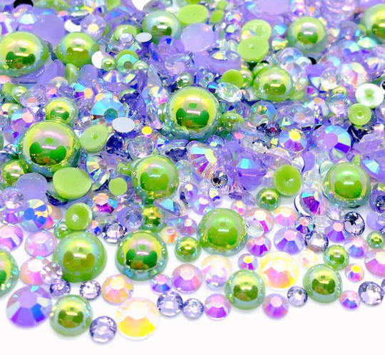 Gemini Blend Rhinestone Mix 2mm-10mm Flatback Jelly Resin | Faux Pearls Rhinestones Mixed Sizes, Green Lilac