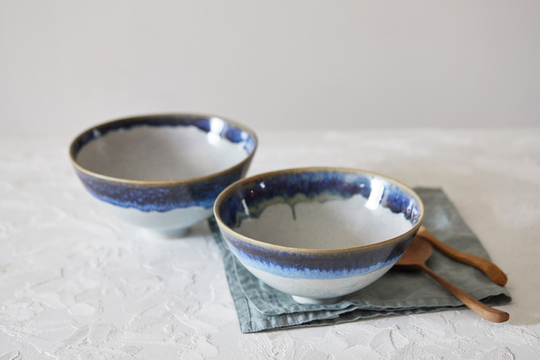Two Dark Blue & Grey Ceramic Handmade Soup Bowls, Rustic Unique Pottery Dinner Serving Modern Cereals Bowls Set, Greek Dinnerware