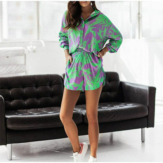 Print 2022 Shorts Suits Woman Vintage Long Sleeve Shirt & Short Pants Suit Two Piece Set Female Casualoutfit Bright Colorshirtfreeshipping