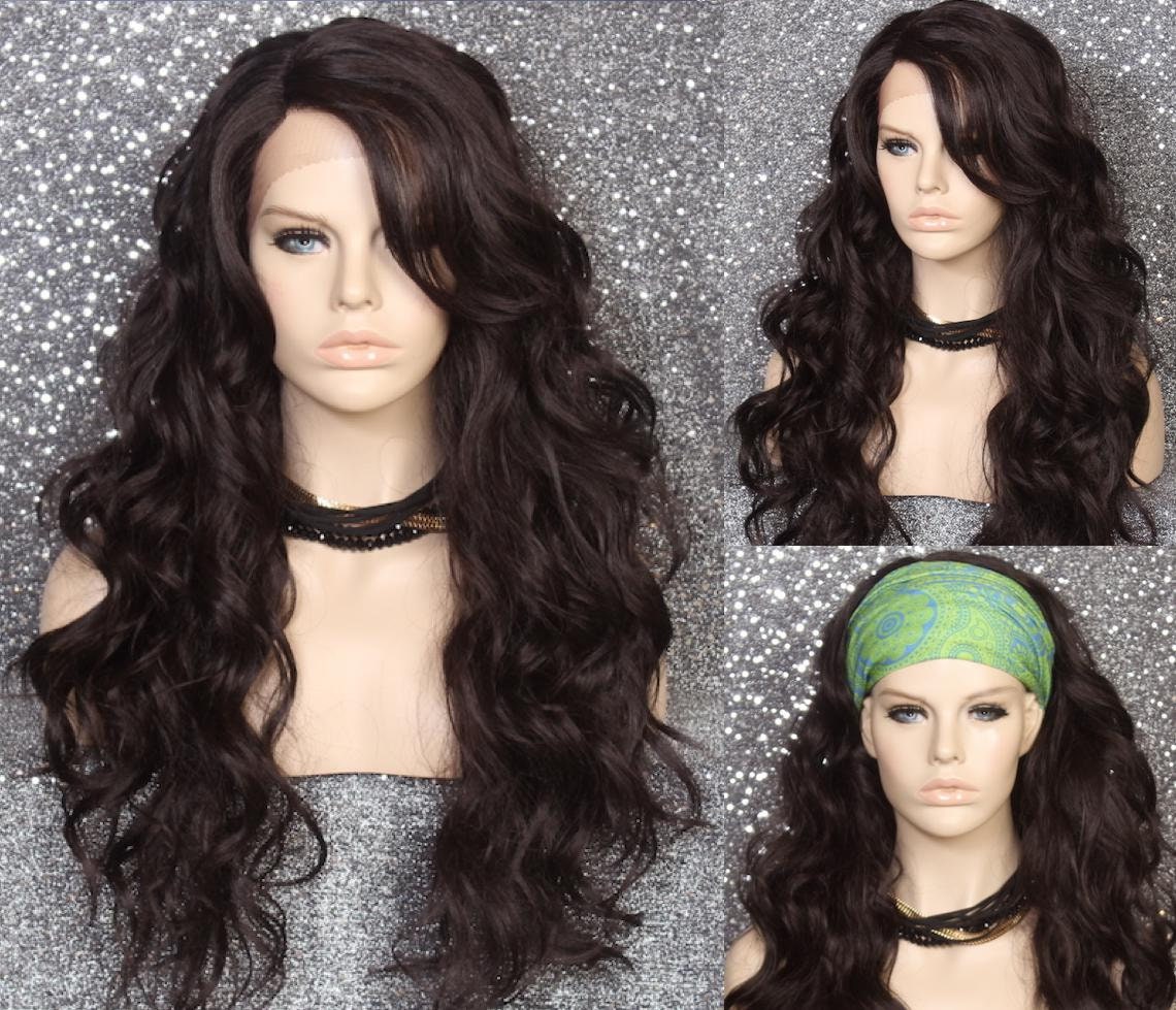 Dark Brown Curly Human Hair Blend Lace Front Long Wig Versatile Head Band Not Included Cancer Alopecia Theater Cosplay