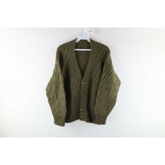 70S Grunge Mens S Wool Blend Cable Knit Kurt Cobain Cardigan Sweater Green, Sweater