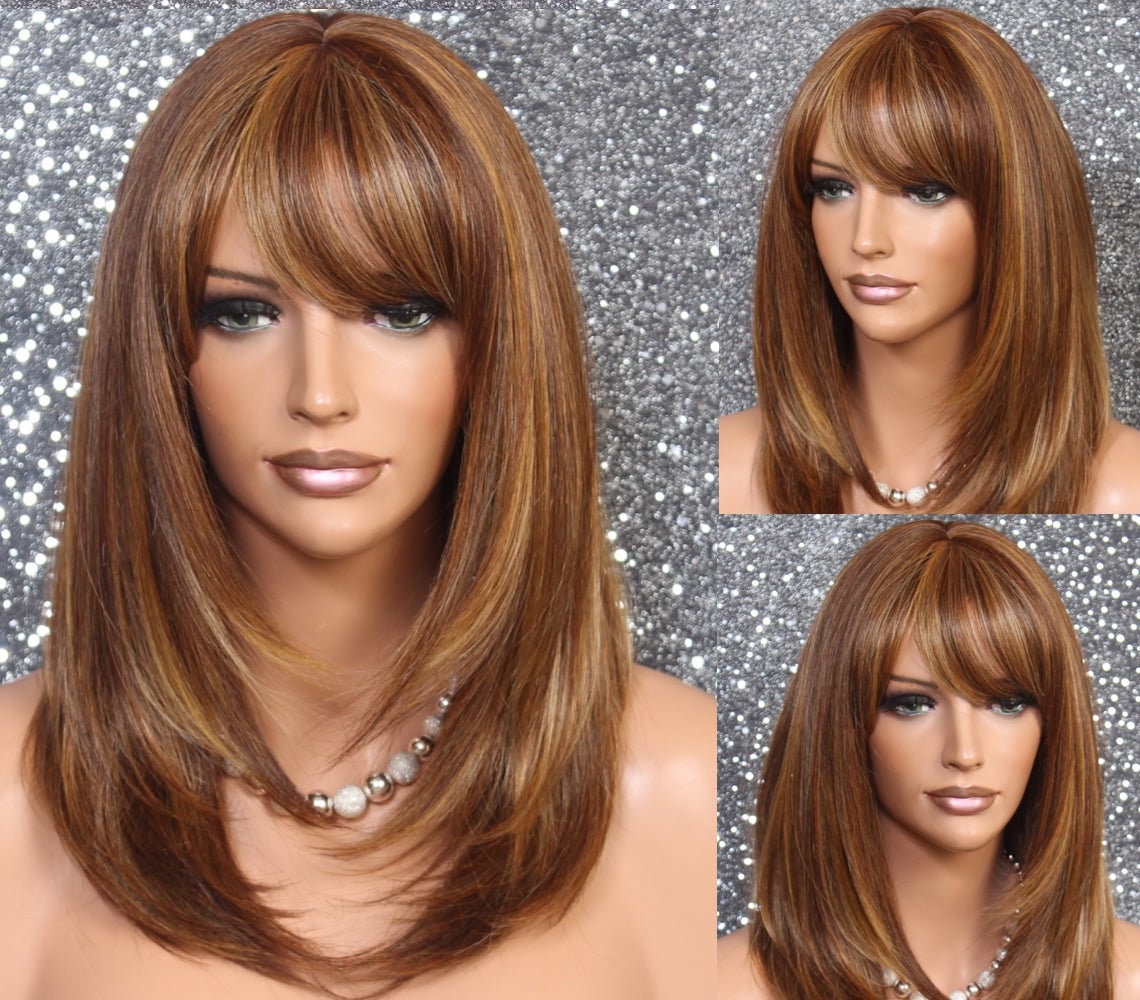 Human Hair Blend Wig Face Framing Razor Cut Auburn Brown Blonde Mix Heat Ok Full Bangs Center Part Straight Cancer/Alopecia/Cosplay