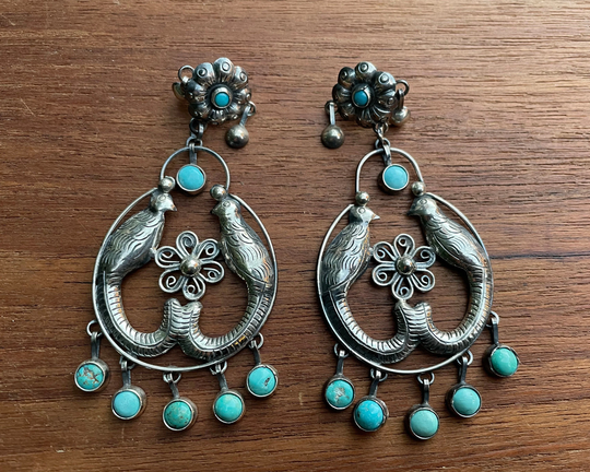 Fabulous Flower + Love Birds Turquoise Dangle Federico Jimenez Large Statement Sterling Silver Earrings