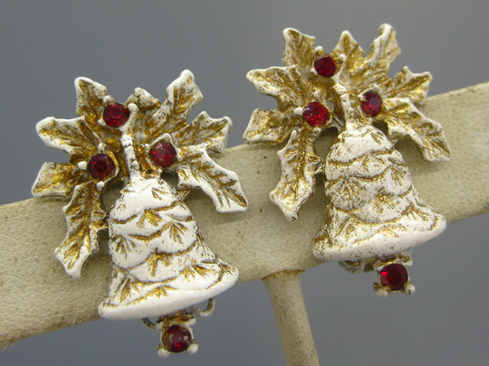 Vintage 50S White & Red Rhinestone Christmas Bell Clip Earrings