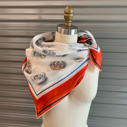 1950S Silk Rayon Blend Scarf Orange Border With Hand Rolled Hems Small Floral Plates On White