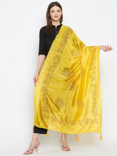 Women's Silk Blend Yellow & Brown Floral Printed Dupatta Sequinned, Embellished Border Free Shipping