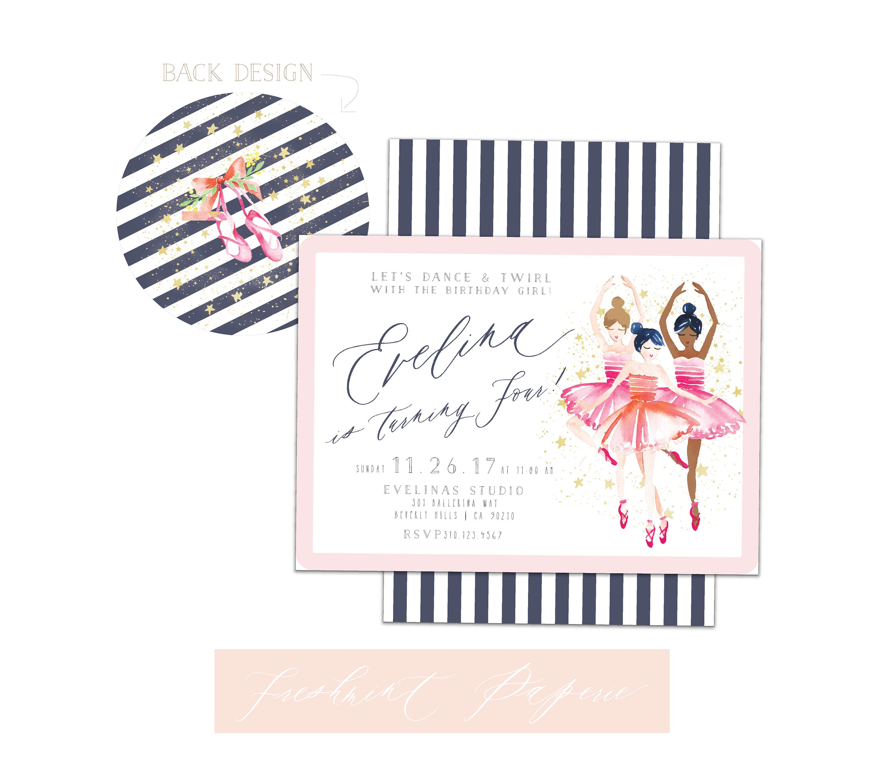 Ballerina Invitation - Birthday Ballet Calligraphy Kids Birthday Freshmint Paperie