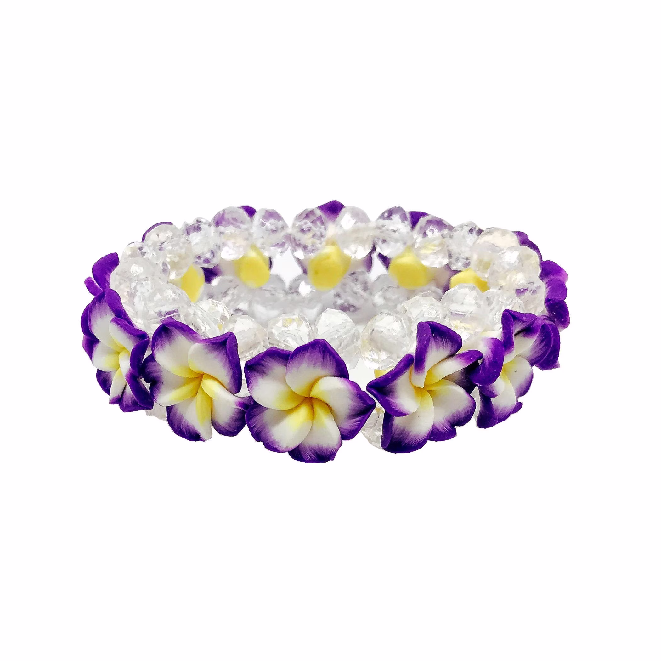Hawaiian Jewelry Purple Fimo Plumeria Flower & Crystal Bead Elastic Bracelet From Maui, Hawaii