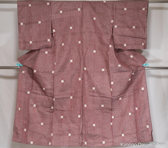 Dark Red & White Yukata - Vintage Silk & Wool Blend Summer Kimono For Women Traditional Japanese Robe Abstract Geometric Pattern Squares