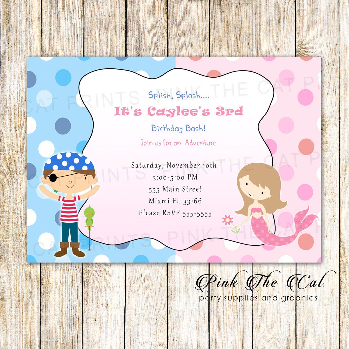 Mermaid & Pirate Invitation, Birthday Invitation Kids Card, Brother Sister