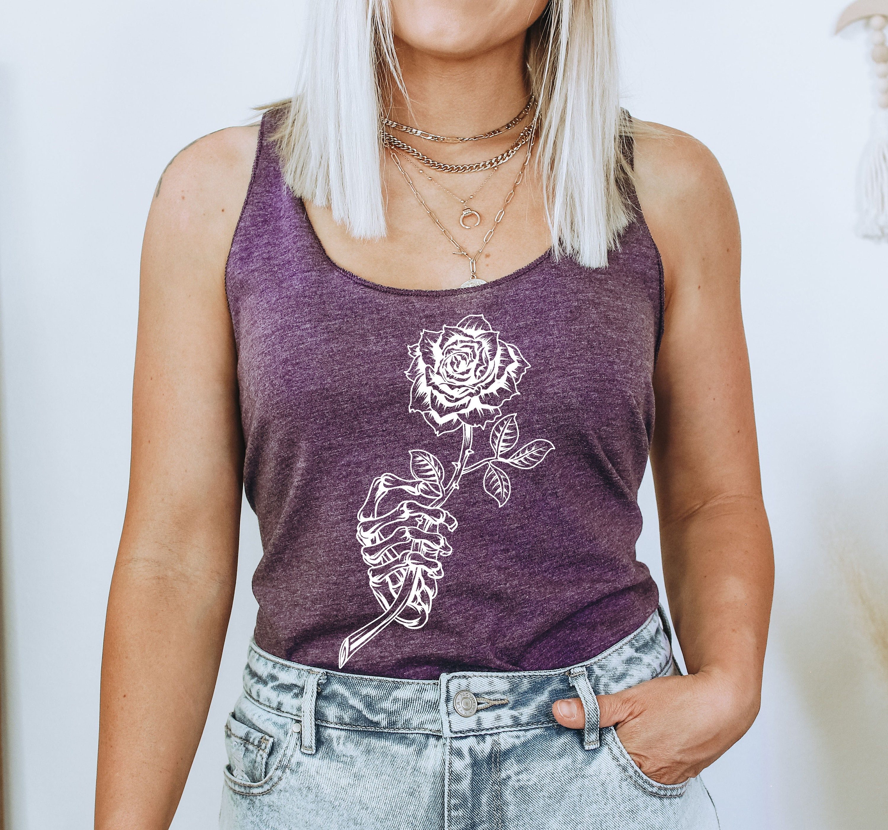 Womens Skeleton Rose Hand Halloween Tank Top