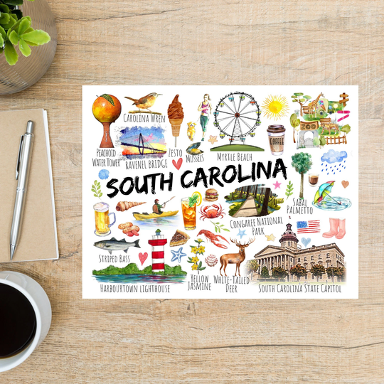 South Carolina Themes & Landmarks Postcard | 1 Thick Cardstock For Sending A Postcard To Friend