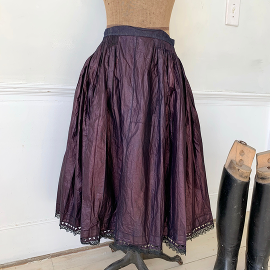 Indigo Blue Dyed Antique French Chintz Skirt With Bees Waz Coating, Petticoat Late 1800's Lace Trim Dark Academia