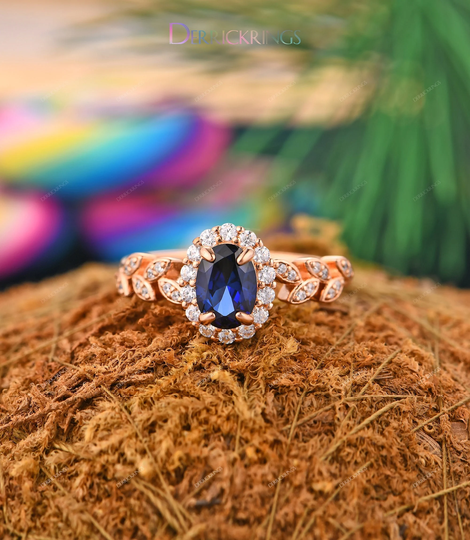 Sapphire Ring, Custom Design Bridal 5x7mm Oval Cut Engagement Solid 14K Gold Handmade Women's Unique Ring