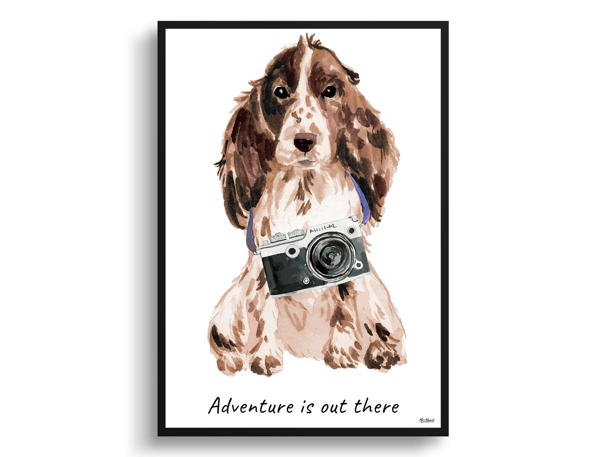 Adventure Is Out There Brown Cocker Spaniel Dog Print Illustration. Framed & Un-Framed Wall Art Options. Personalised Name. Poster Sizes