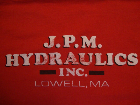 Vintage J.p.m Hydraulics Inc. Lowell, Ma Company Red T Shirt Size Xl