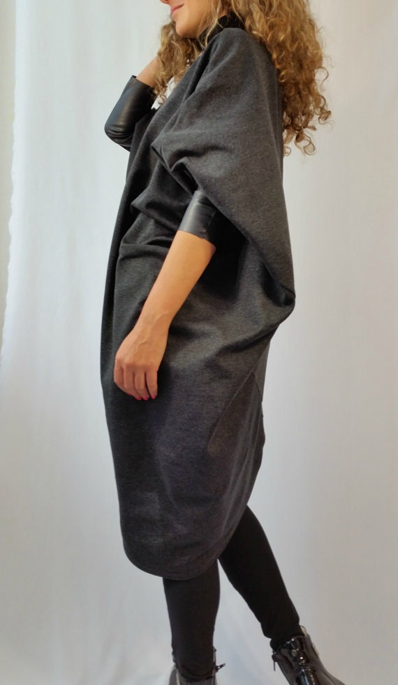 Oversized Grey Coat/Asymmetrical Cape With Faux Leather Sleeves/ Extravagant Vest